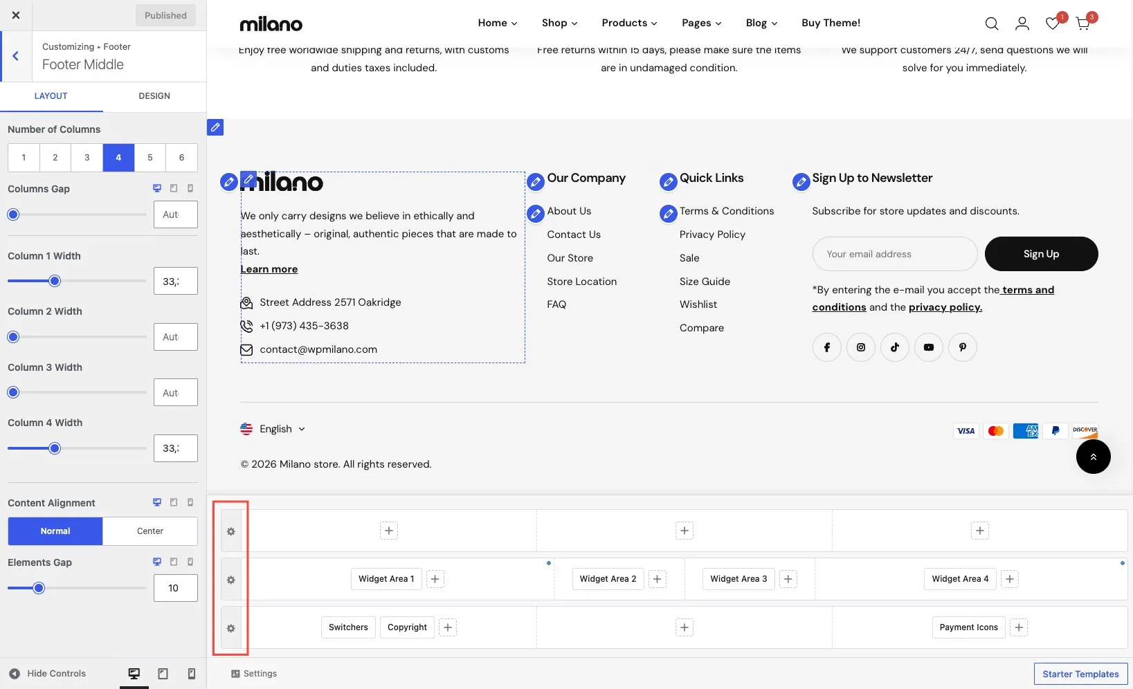 Row settings panel showing column count, widths, and color options