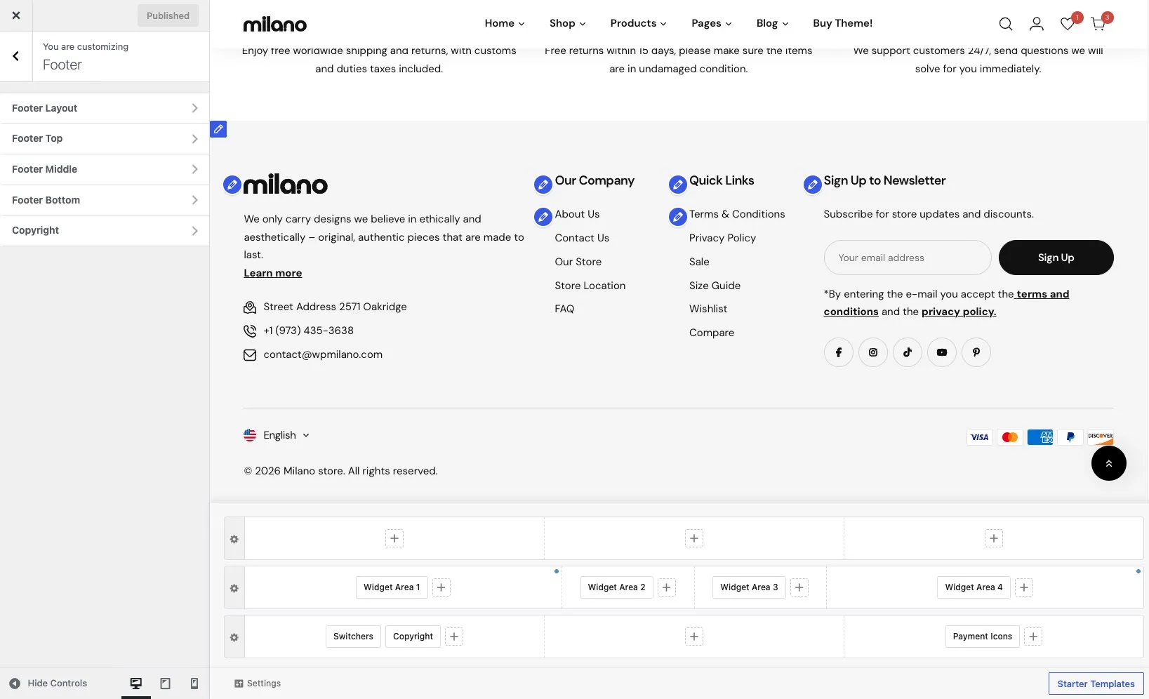 Footer builder showing the three rows — footer top, footer middle, and footer bottom
