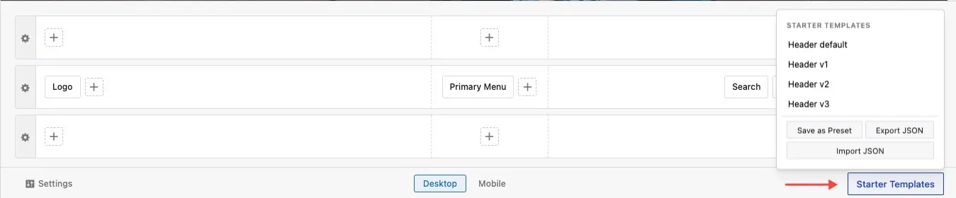 Template dialog showing prebuilt header templates