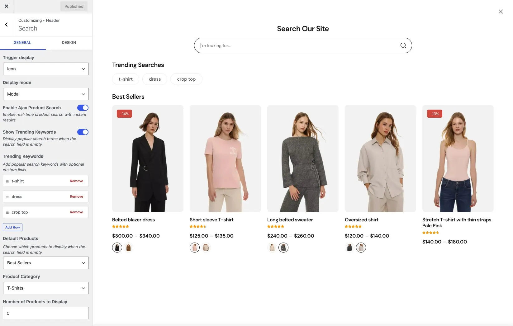 Header builder with the Search element selected showing trigger type and AJAX search options