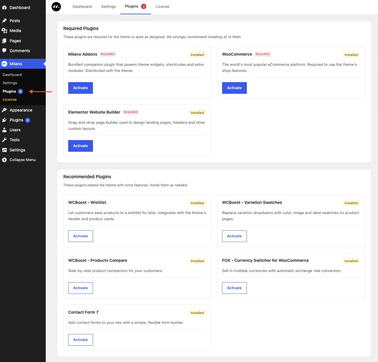 Milano Plugins installable from the theme's dashboard