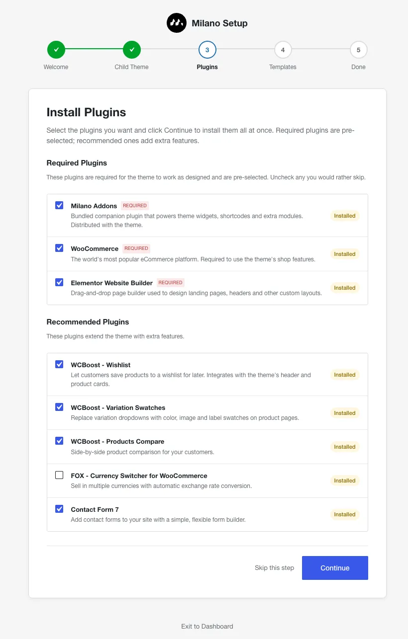 Milano Plugins step with WooCommerce and Elementor pre-selected