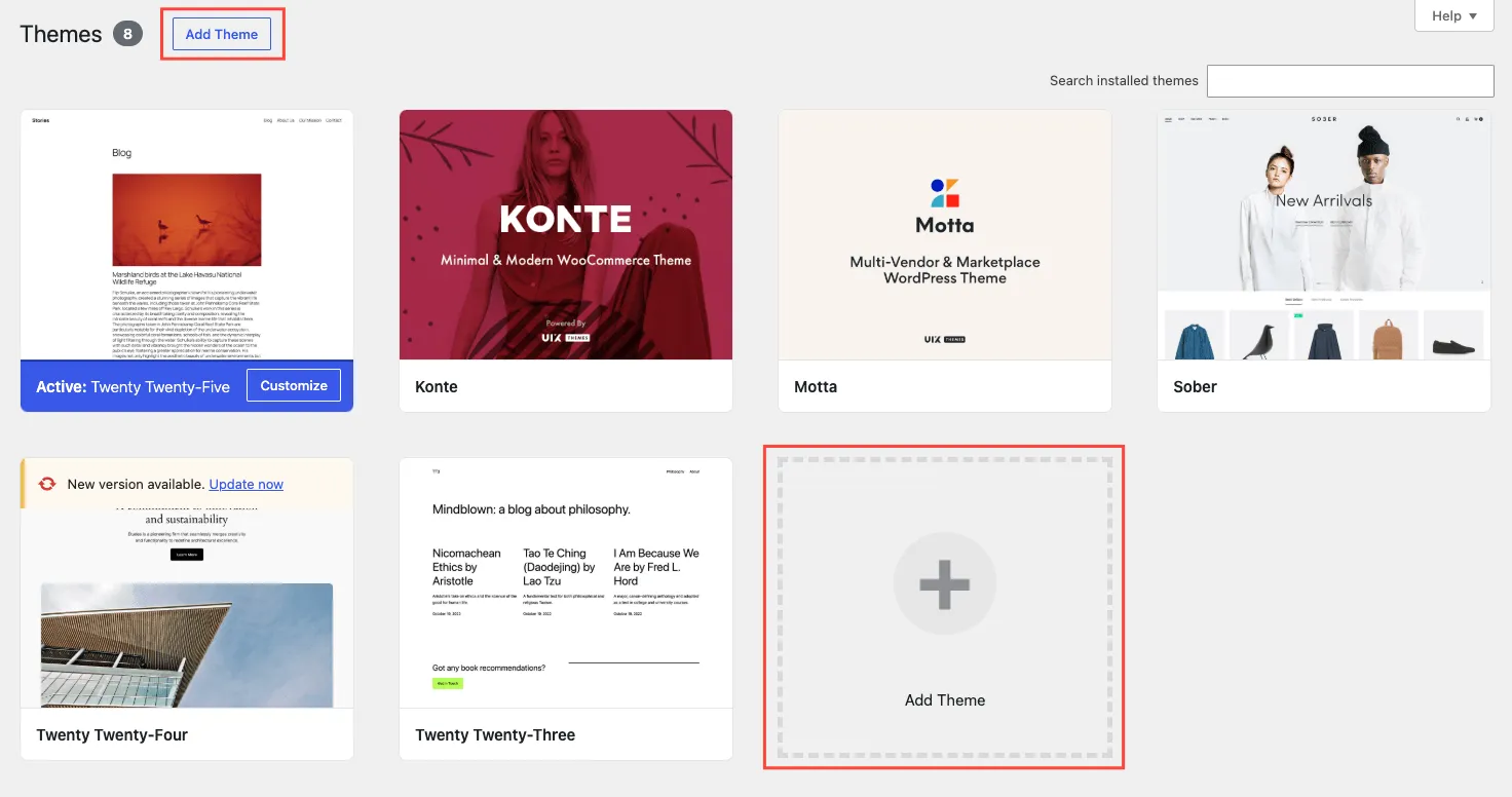 WordPress Themes screen with the Add New button highlighted