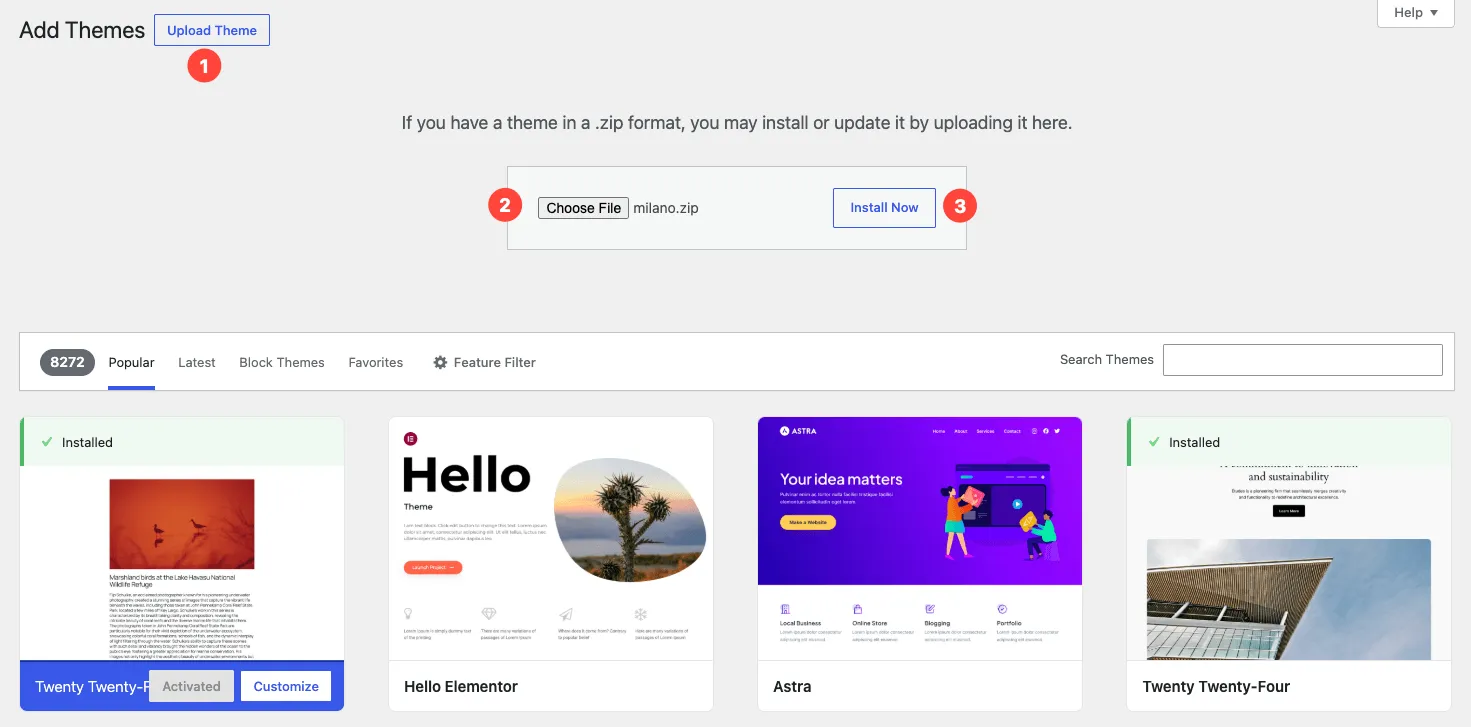 Theme upload form with the Milano zip file selected