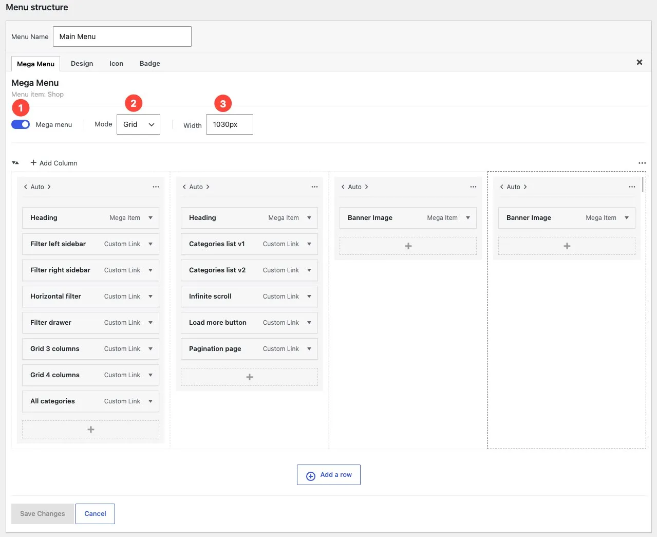 Menu item settings with the Use as mega menu checkbox highlighted