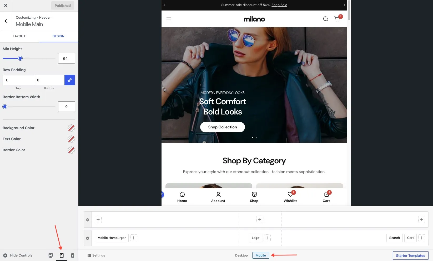 Mobile Header builder showing the two rows