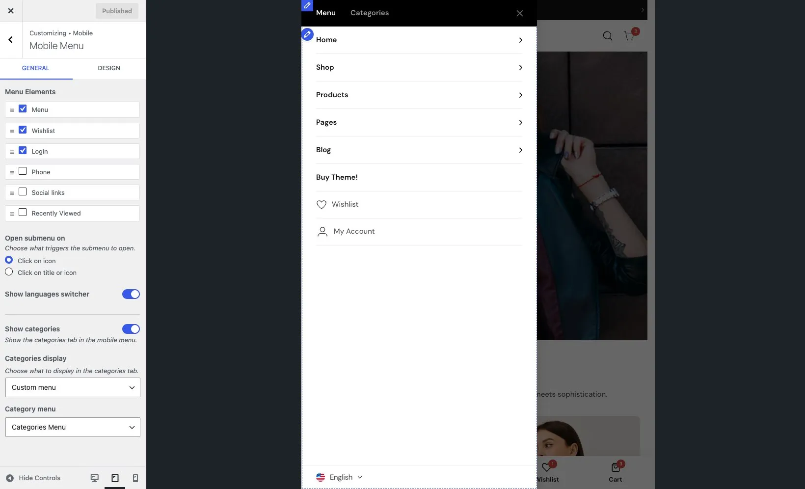 Mobile header hamburger menu settings