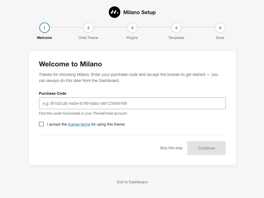 Setup wizard with the stepper bar at the top and the Welcome step active