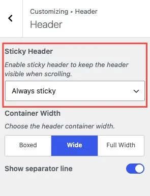 Customizer panel showing the sticky behavior dropdown with Always sticky, Sticky on scroll up, and Disabled options