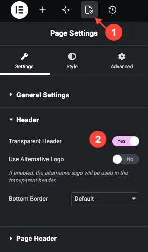 Elementor Page Settings with the Header tab showing the Enable transparent header toggle